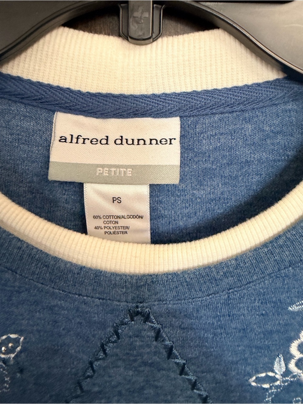 Alfred Dunner Denim-Blue Quilted Floral Crewneck Sweater-Petite Small - Picture 6 of 10